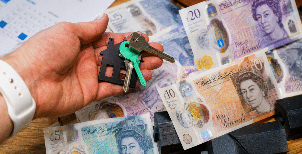 Hand holding house keys over British pound banknotes, property documents and house models representing property ownership and financial disputes.