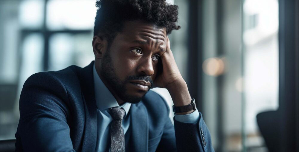 Businessman looking stressed during a commercial dispute, representing the challenges of business litigation and contract disagreements.