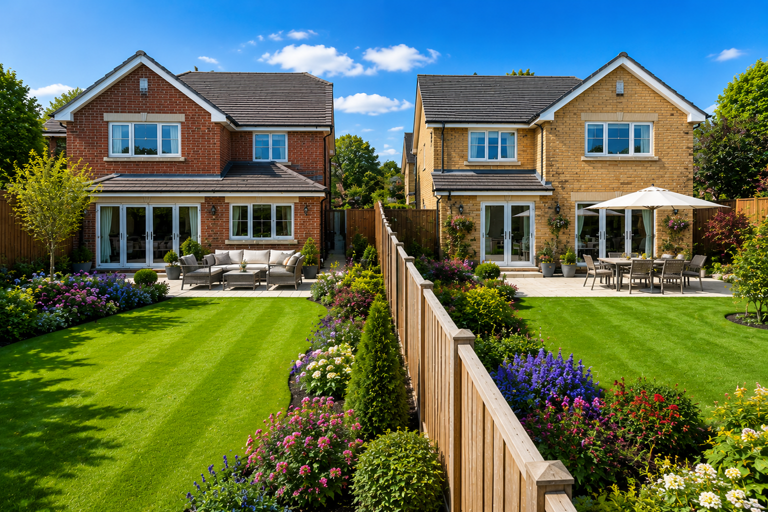 Two modern detached houses with landscaped gardens separated by a wooden fence on a sunny day, showing neatly maintained lawns, patios, and flowerbeds