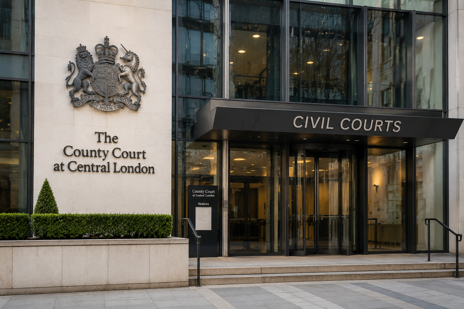 Exterior of a modern UK civil court building with glass entrance, official signage and coat of arms, representing County Court justice and legal proceedings