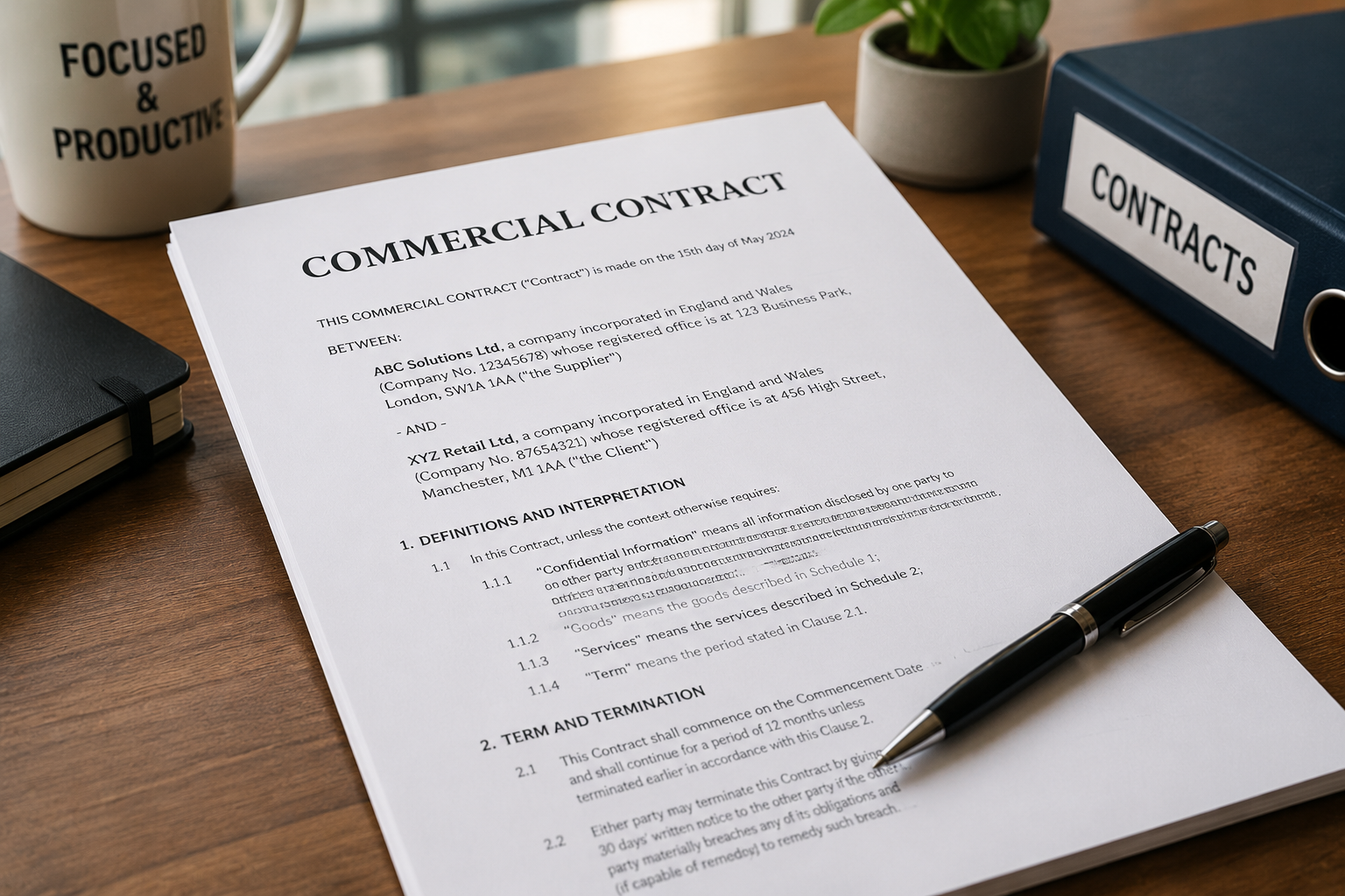 Close-up of a signed commercial contract document on a professional office desk with pen and folder, representing UK business agreements and legal documentation