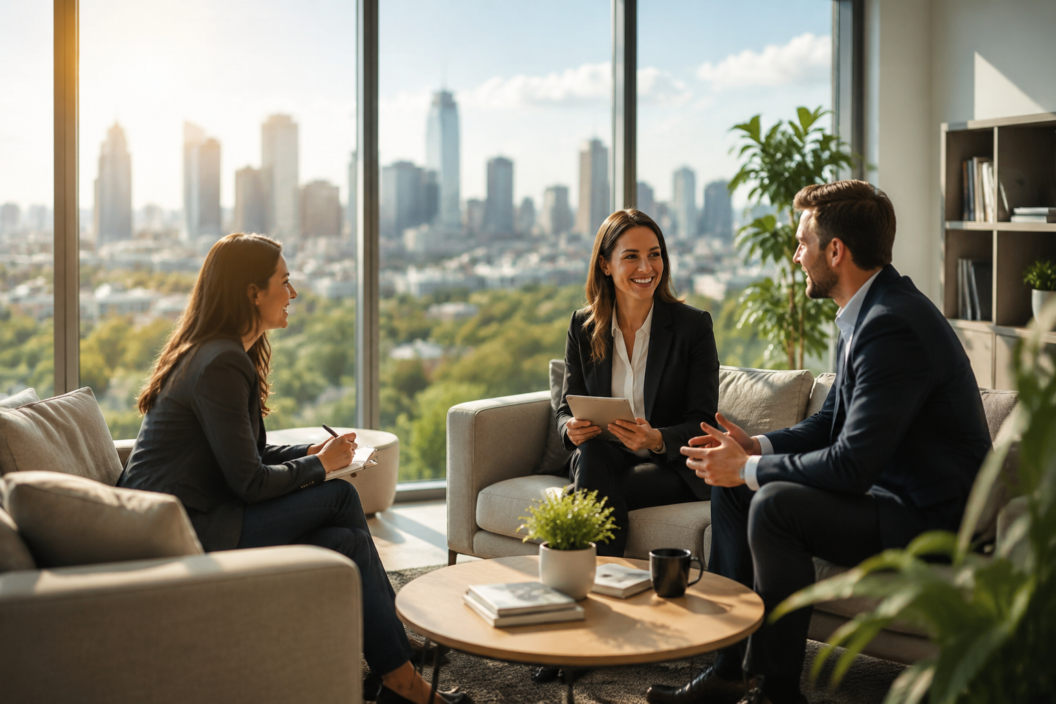 Friendly business professionals discussing legal matters in a modern office with city skyline, representing accessible legal advice and client support