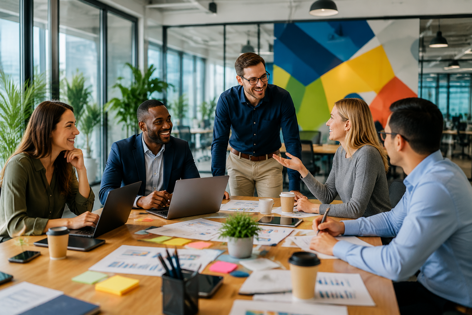Professional business team collaborating around a conference table in a modern office, discussing strategy and business growth in a bright and contemporary workspace.