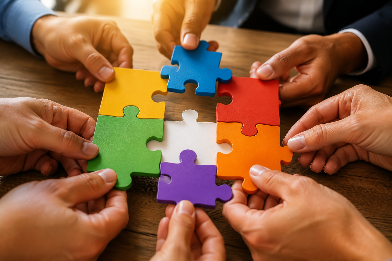 Hands working together to complete a colourful jigsaw puzzle on a wooden table, symbolising teamwork, collaboration and problem-solving.
