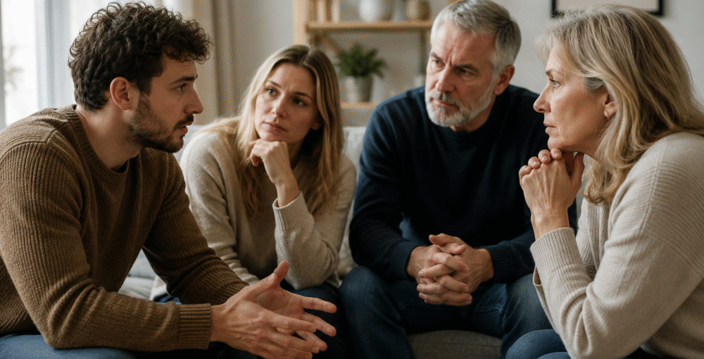 Family members engaged in a serious discussion during a family mediation or dispute resolution meeting.