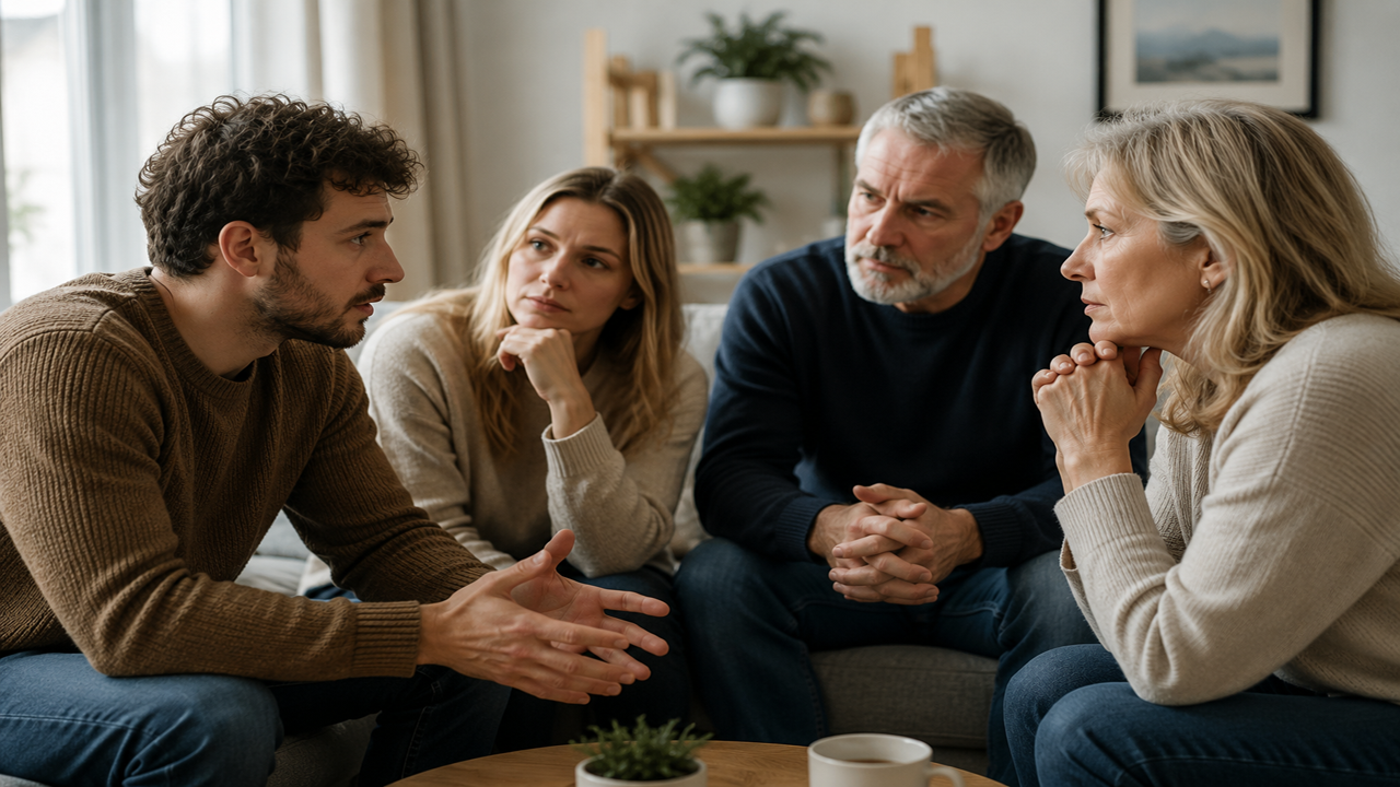 Four family members sit together in a living room having a serious conversation, appearing concerned as they discuss an important family matter involving property or inheritance.