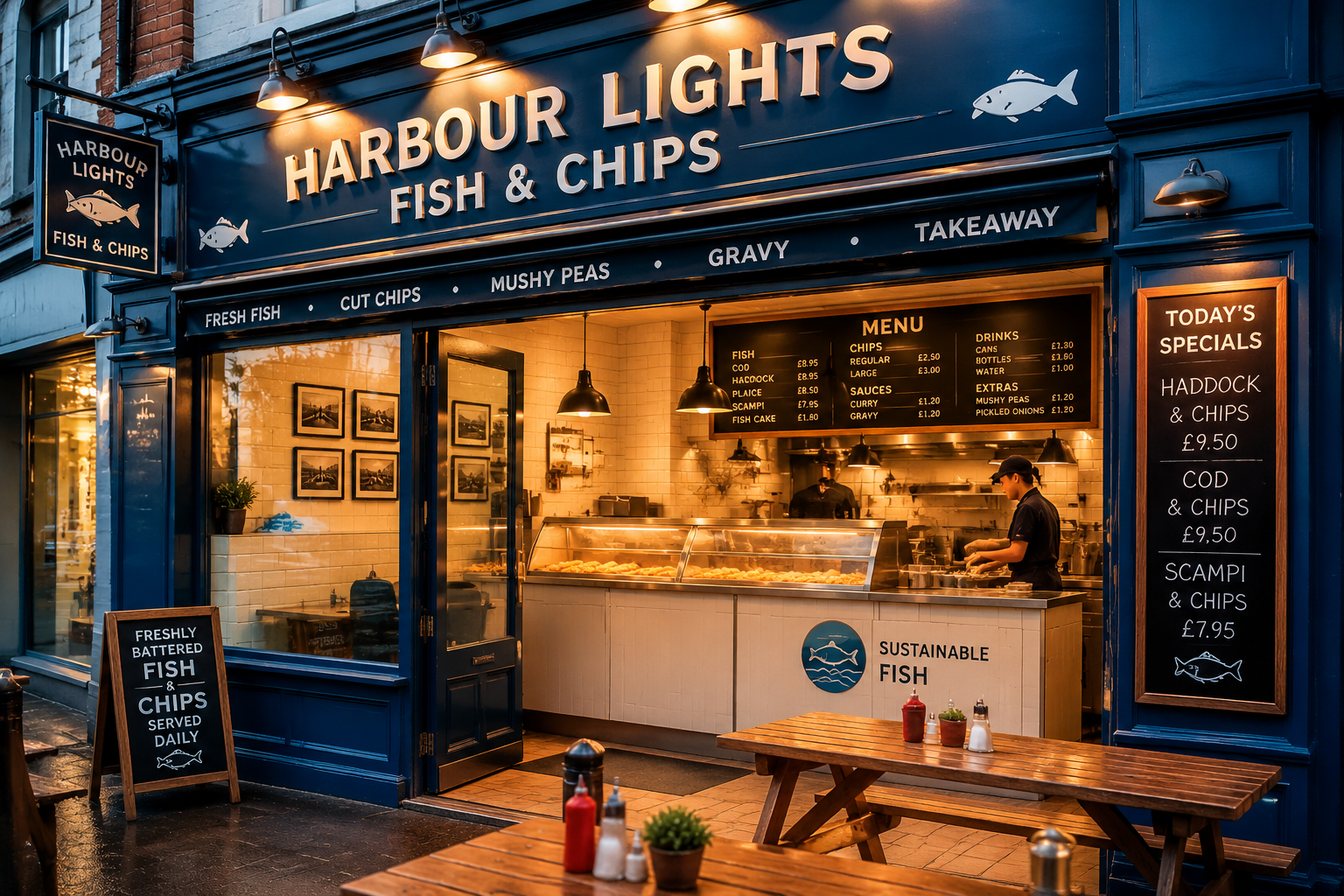 Traditional British fish and chip shop storefront with illuminated signage, serving freshly cooked food in a warm evening street setting