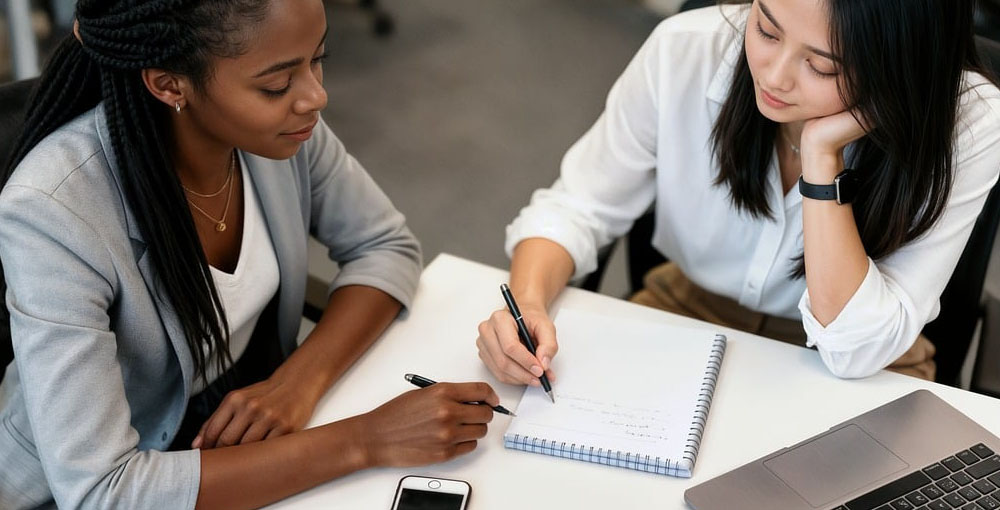 Two professionals collaborating at a desk, reviewing notes and discussing a business project