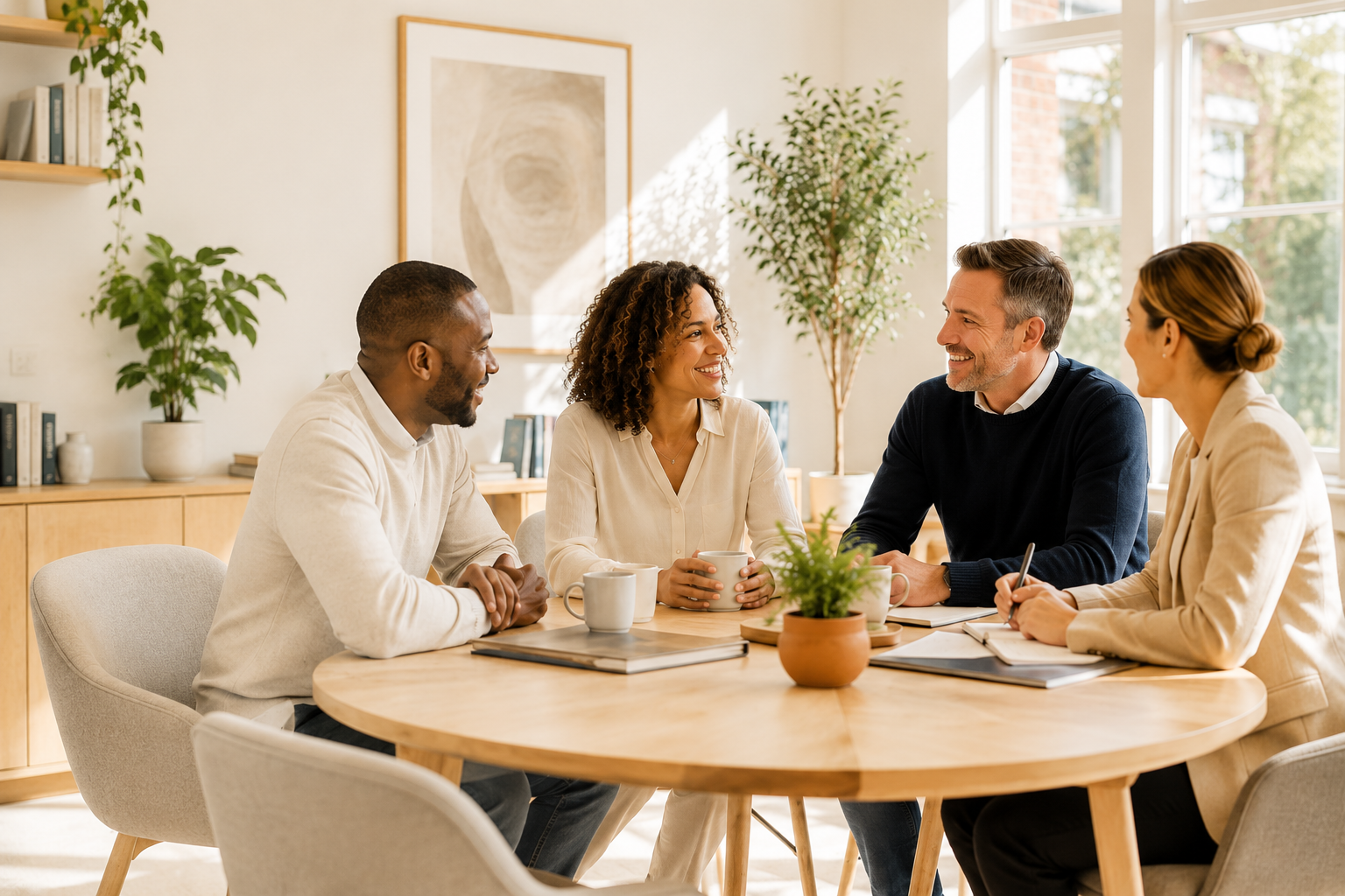 Diverse professionals collaborating in a welcoming office environment, reflecting the approachable and client-focused values of Johnson May Solicitors