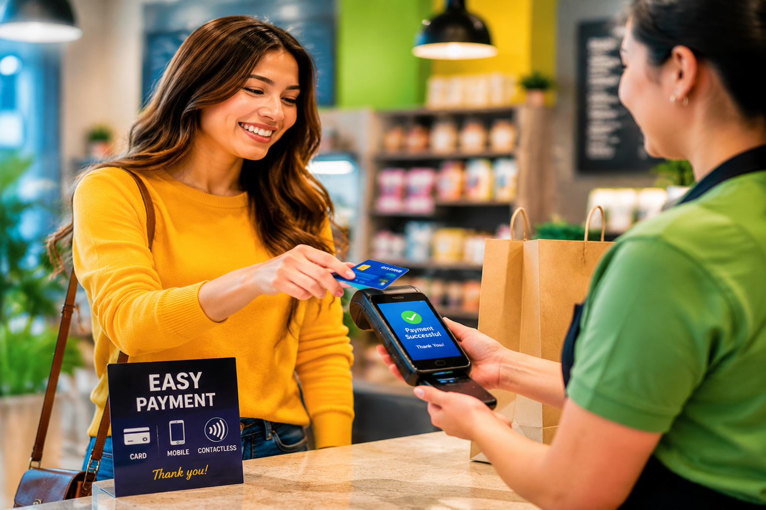 Customer making a contactless card payment at a modern retail checkout with a smiling cashier and successful transaction confirmation on a payment terminal