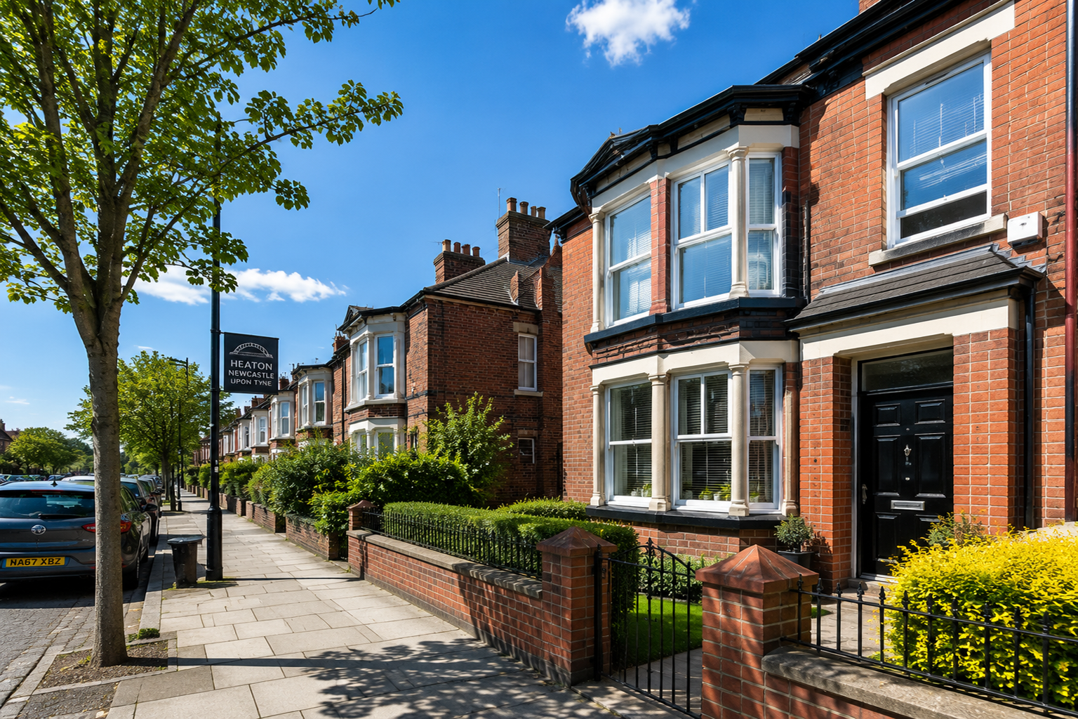 Bright sunny residential street in Newcastle with traditional brick terraced houses, trees lining the pavement, and a clear blue sky