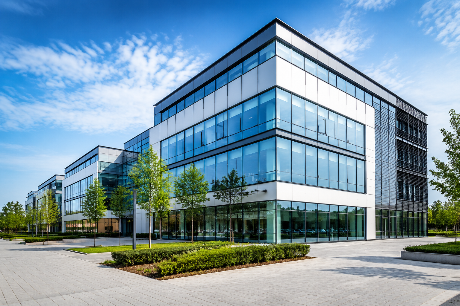 Modern commercial office building with contemporary glass-fronted architecture, landscaped surroundings and professional business premises under a clear blue sky.