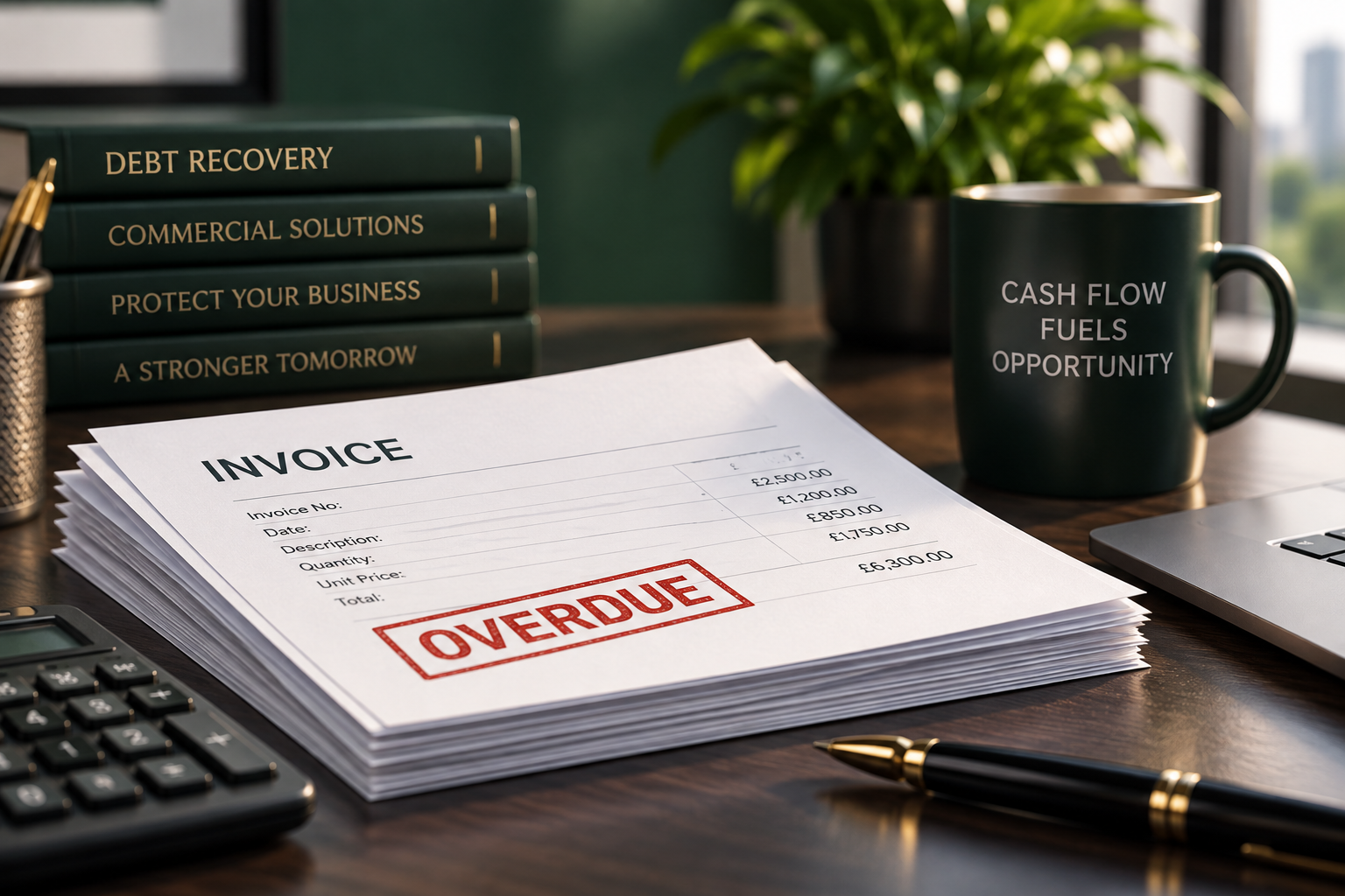 Overdue business invoices on a desk representing commercial debt recovery and unpaid invoice collection.