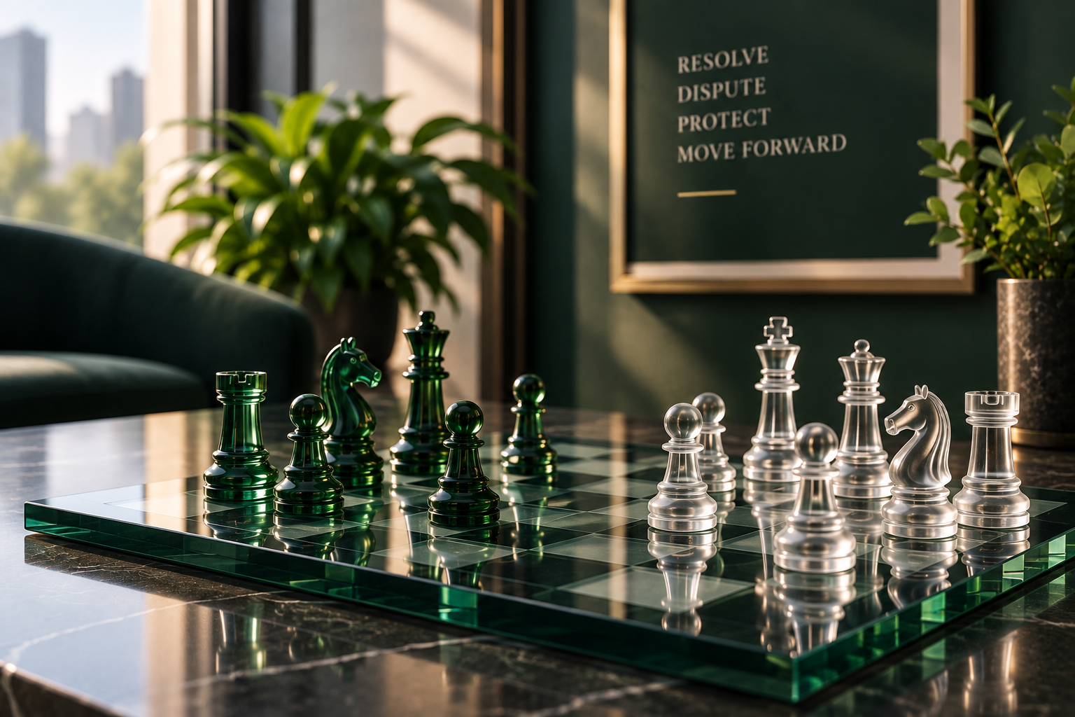Glass chess pieces representing strategic and practical business dispute resolution.